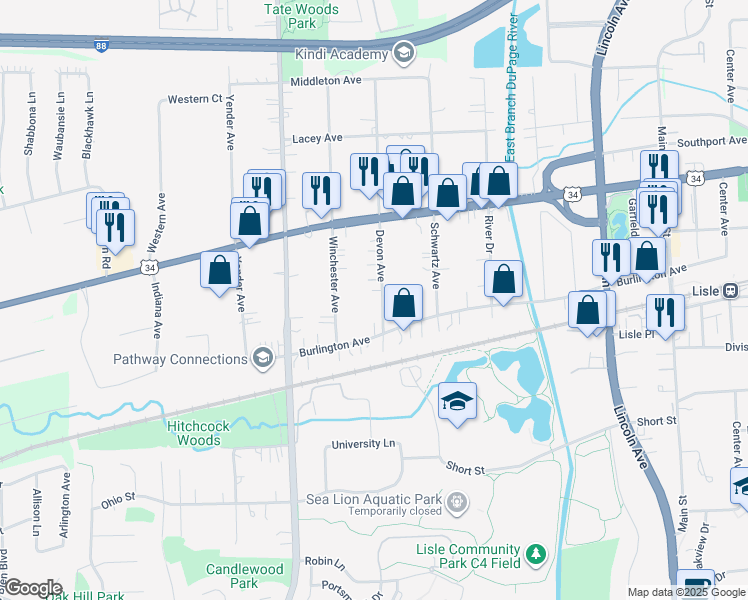 map of restaurants, bars, coffee shops, grocery stores, and more near 4732 Devon Avenue in Lisle