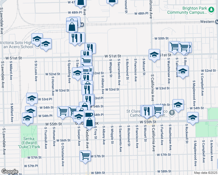 map of restaurants, bars, coffee shops, grocery stores, and more near 5254 South Whipple Street in Chicago