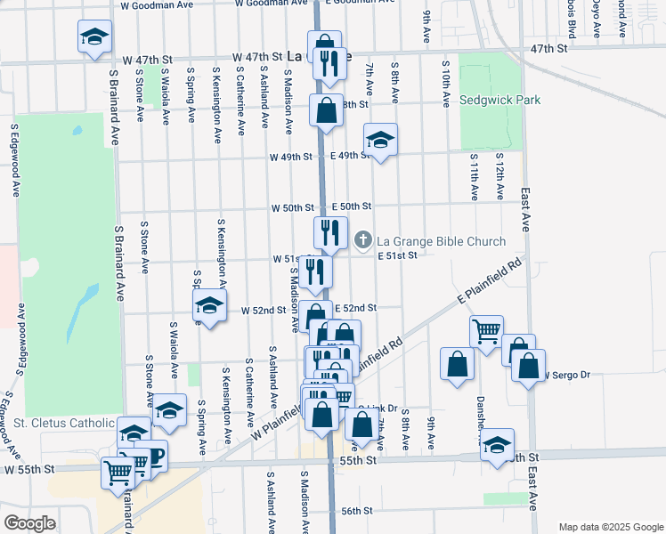 map of restaurants, bars, coffee shops, grocery stores, and more near 907 South La Grange Road in La Grange
