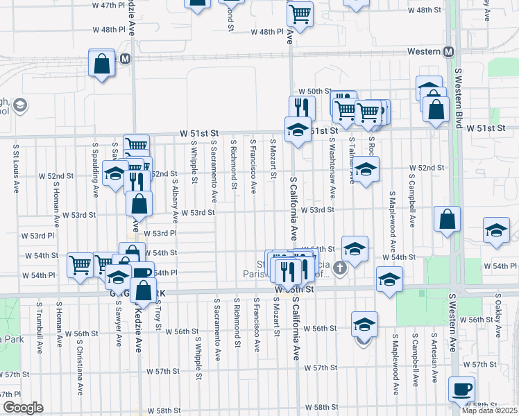 map of restaurants, bars, coffee shops, grocery stores, and more near 5259 South Francisco Avenue in Chicago