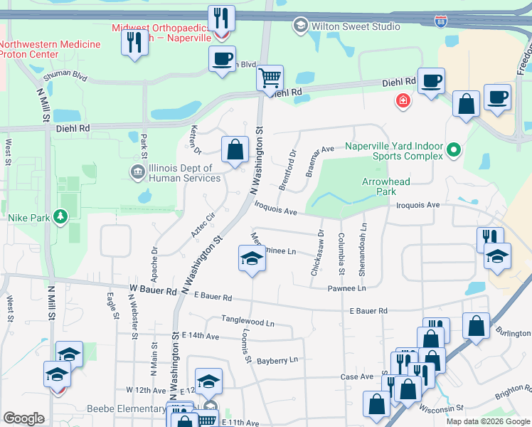 map of restaurants, bars, coffee shops, grocery stores, and more near 424 Iroquois Avenue in Naperville