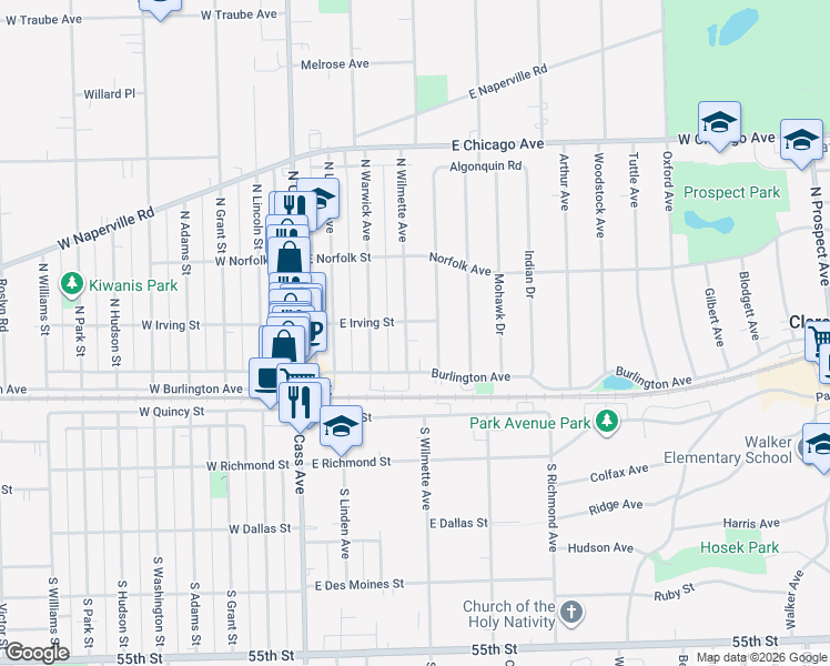 map of restaurants, bars, coffee shops, grocery stores, and more near 37 North Wilmette Avenue in Westmont