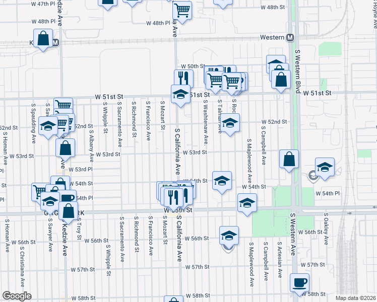 map of restaurants, bars, coffee shops, grocery stores, and more near 5258 South Fairfield Avenue in Chicago