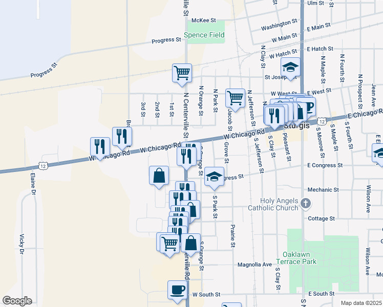 map of restaurants, bars, coffee shops, grocery stores, and more near 110 South Centerville Road in Sturgis