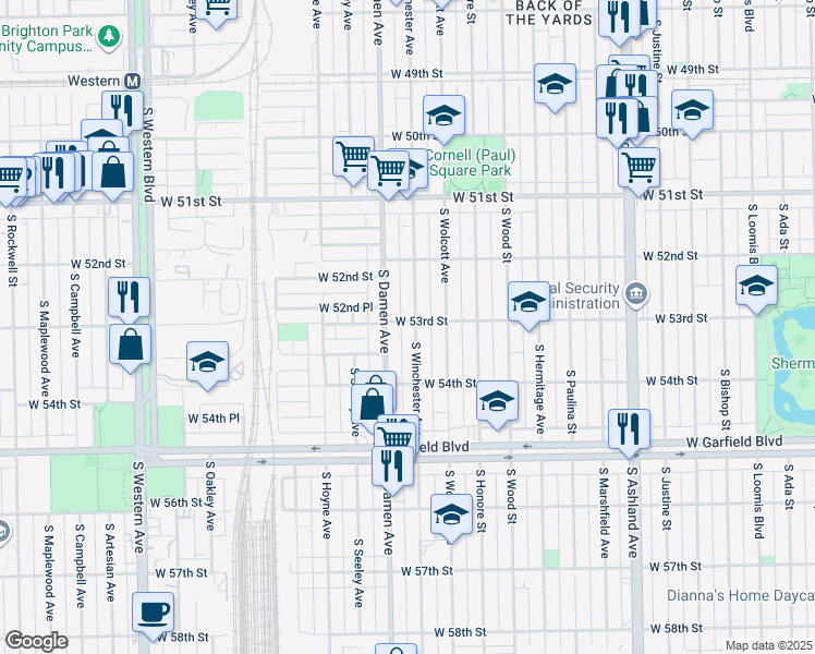 map of restaurants, bars, coffee shops, grocery stores, and more near 5302 South Winchester Avenue in Chicago