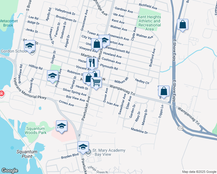map of restaurants, bars, coffee shops, grocery stores, and more near 53 Wampanoag Trail in East Providence