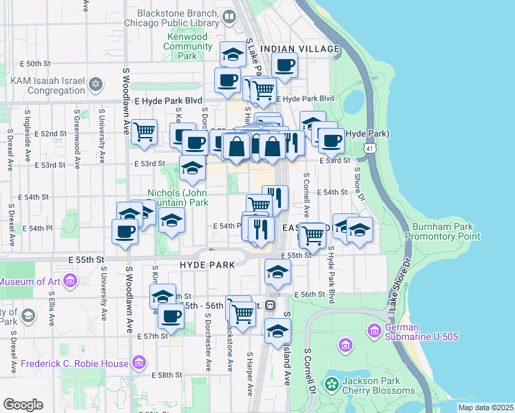 map of restaurants, bars, coffee shops, grocery stores, and more near 5422 South Lake Park Avenue in Chicago