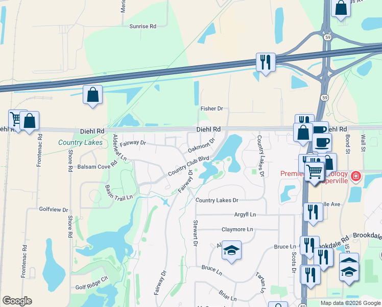map of restaurants, bars, coffee shops, grocery stores, and more near 5S032 Firestone Court in Naperville