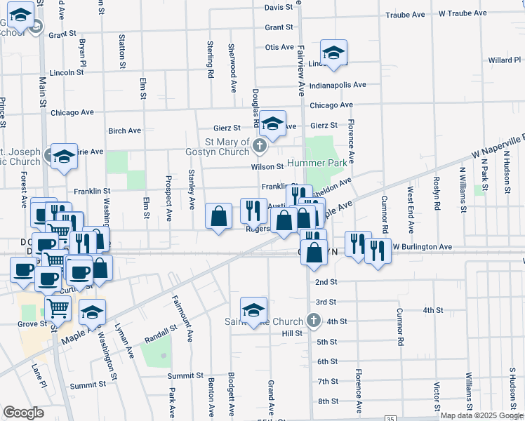 map of restaurants, bars, coffee shops, grocery stores, and more near 4919 Douglas Road in Downers Grove