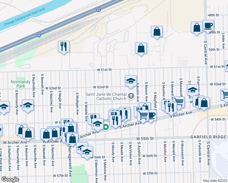 map of restaurants, bars, coffee shops, grocery stores, and more near 5213 South Moody Avenue in Chicago