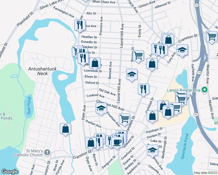 map of restaurants, bars, coffee shops, grocery stores, and more near 36 Cliff Avenue in Cranston