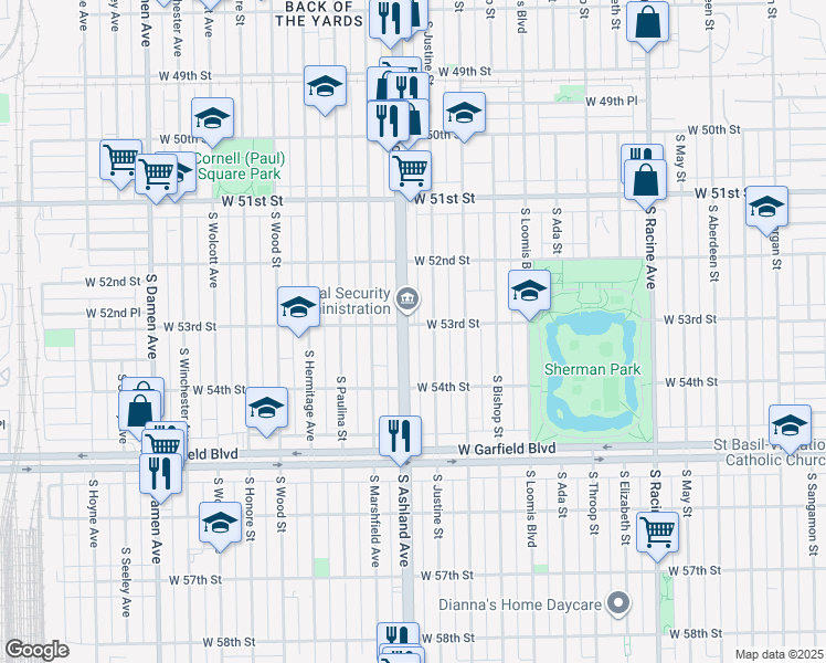 map of restaurants, bars, coffee shops, grocery stores, and more near 5305 South Ashland Avenue in Chicago