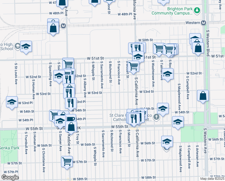 map of restaurants, bars, coffee shops, grocery stores, and more near 5257 South Richmond Street in Chicago