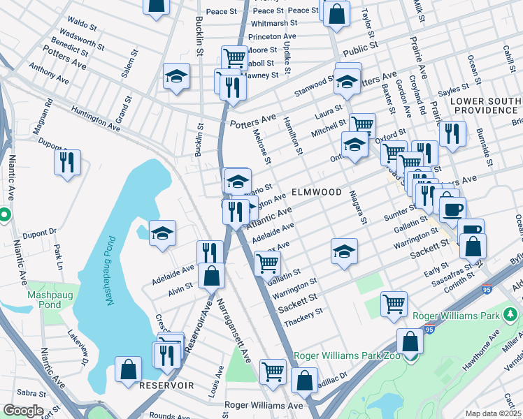 map of restaurants, bars, coffee shops, grocery stores, and more near 200 Lexington Avenue in Providence
