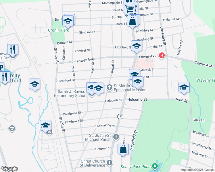 map of restaurants, bars, coffee shops, grocery stores, and more near 309 Cornwall Street in Hartford