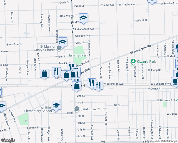 map of restaurants, bars, coffee shops, grocery stores, and more near 4937 Florence Avenue in Downers Grove