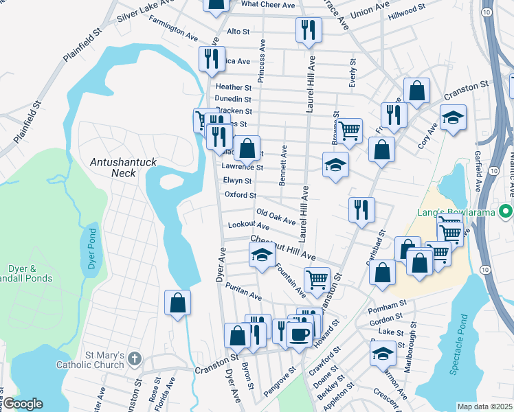 map of restaurants, bars, coffee shops, grocery stores, and more near 265 Princess Avenue in Cranston