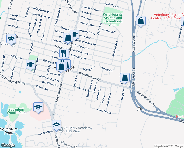 map of restaurants, bars, coffee shops, grocery stores, and more near 120 Wampanoag Trail in East Providence