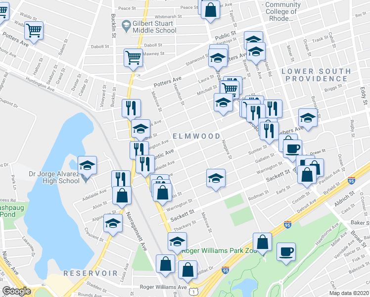 map of restaurants, bars, coffee shops, grocery stores, and more near 143 Adelaide Avenue in Providence