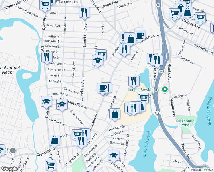 map of restaurants, bars, coffee shops, grocery stores, and more near 1070 Cranston Street in Cranston