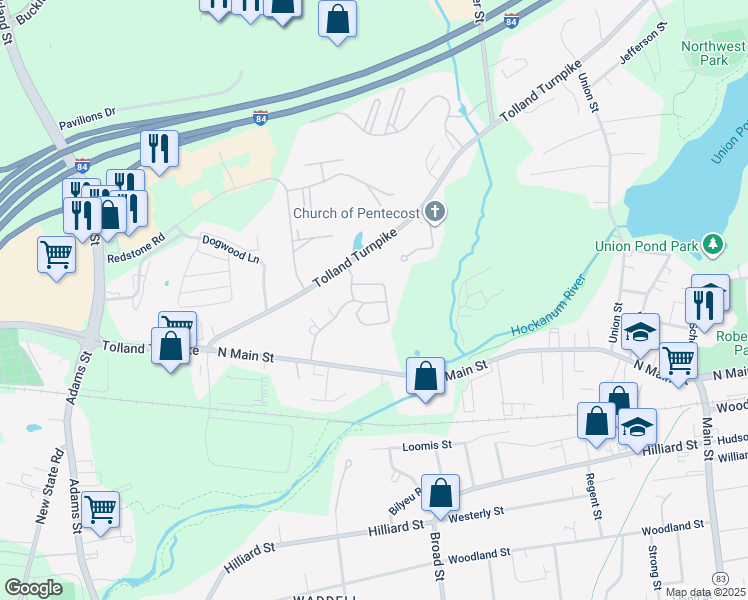 map of restaurants, bars, coffee shops, grocery stores, and more near 153 Oak Forest Drive in Manchester
