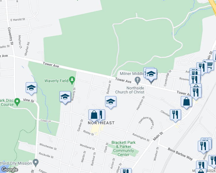 map of restaurants, bars, coffee shops, grocery stores, and more near 262 Cleveland Avenue in Hartford