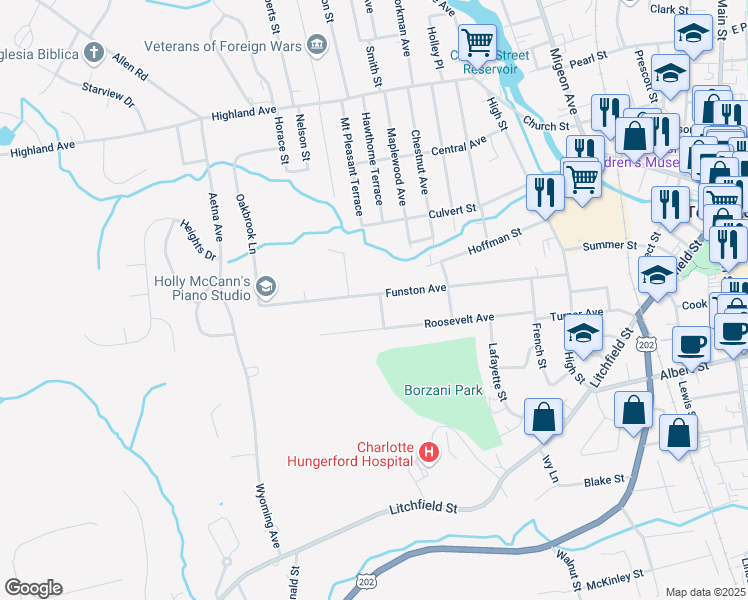 map of restaurants, bars, coffee shops, grocery stores, and more near 275 Funston Avenue in Torrington