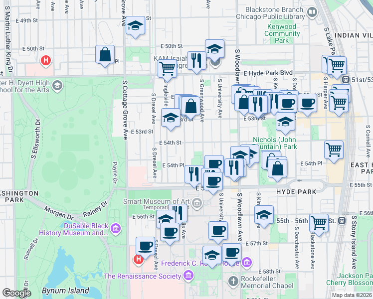 map of restaurants, bars, coffee shops, grocery stores, and more near 5414 South Ellis Avenue in Chicago