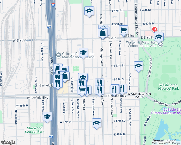 map of restaurants, bars, coffee shops, grocery stores, and more near 5323 South Wabash Avenue in Chicago
