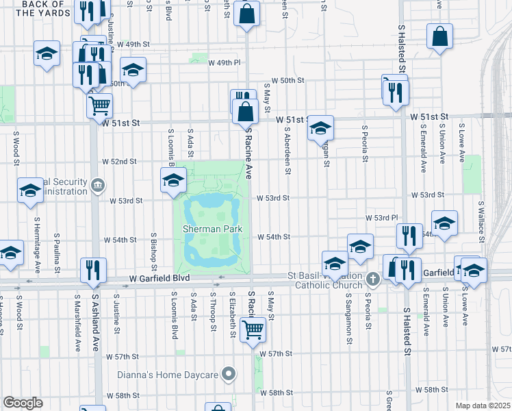 map of restaurants, bars, coffee shops, grocery stores, and more near 5308 South May Street in Chicago