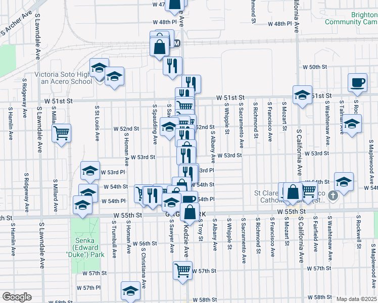 map of restaurants, bars, coffee shops, grocery stores, and more near 5249 South Kedzie Avenue in Chicago