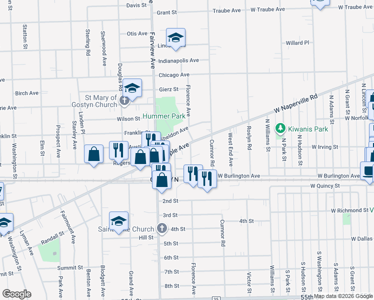 map of restaurants, bars, coffee shops, grocery stores, and more near 4937 Florence Avenue in Downers Grove