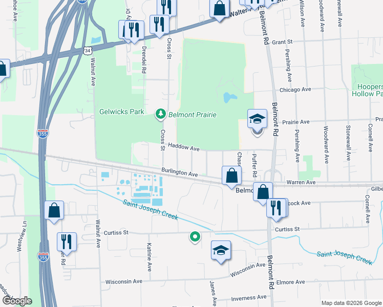 map of restaurants, bars, coffee shops, grocery stores, and more near 2505 Haddow Avenue in Downers Grove