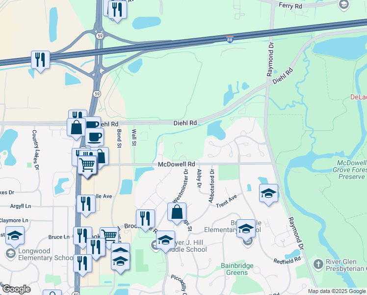 map of restaurants, bars, coffee shops, grocery stores, and more near 1439 McDowell Road in Naperville