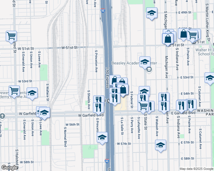 map of restaurants, bars, coffee shops, grocery stores, and more near 5321 South Wells Street in Chicago