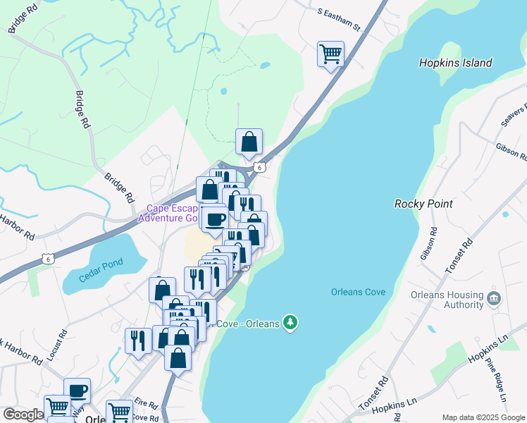 map of restaurants, bars, coffee shops, grocery stores, and more near 80 Old State Highway in Eastham