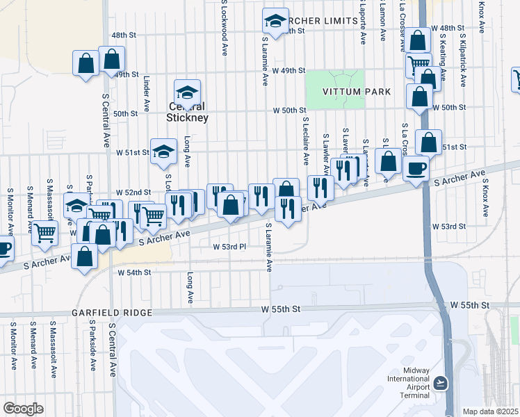 map of restaurants, bars, coffee shops, grocery stores, and more near 5674 South Archer Avenue in Chicago