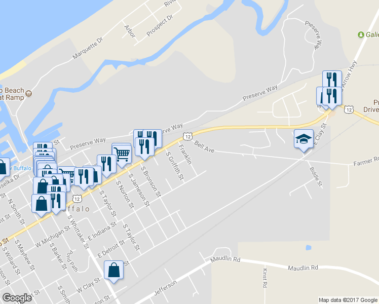 map of restaurants, bars, coffee shops, grocery stores, and more near 25 Franklin in New Buffalo