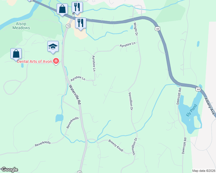 map of restaurants, bars, coffee shops, grocery stores, and more near 25 Mountain Estates Drive in Avon