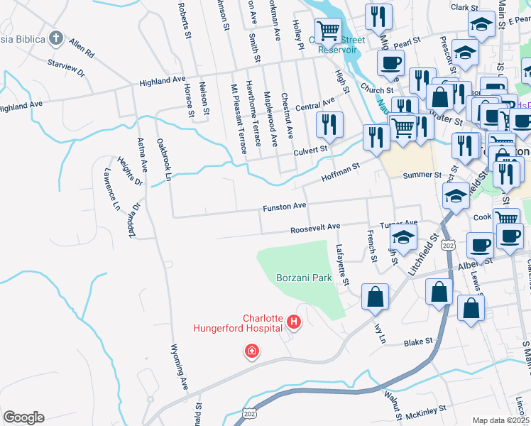 map of restaurants, bars, coffee shops, grocery stores, and more near 275 Funston Avenue in Torrington