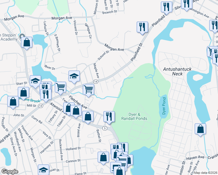 map of restaurants, bars, coffee shops, grocery stores, and more near 68 Walnut Street in Johnston