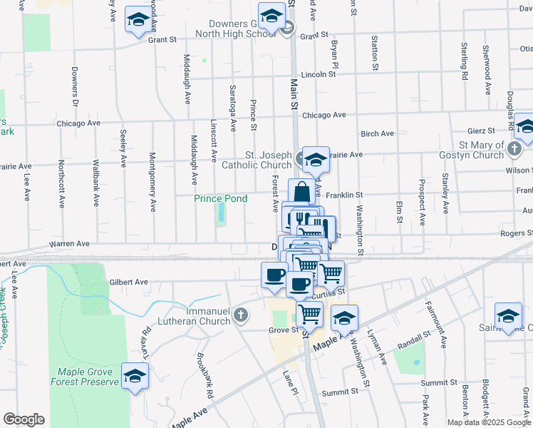 map of restaurants, bars, coffee shops, grocery stores, and more near 4924 Forest Avenue in Downers Grove