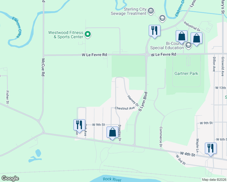 map of restaurants, bars, coffee shops, grocery stores, and more near 1301 Douglas Drive in Sterling