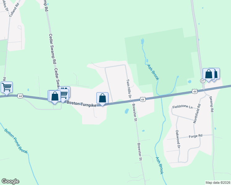 map of restaurants, bars, coffee shops, grocery stores, and more near 2582 Boston Turnpike in Coventry