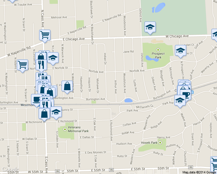 map of restaurants, bars, coffee shops, grocery stores, and more near 119 Indian Dr in Clarendon Hills