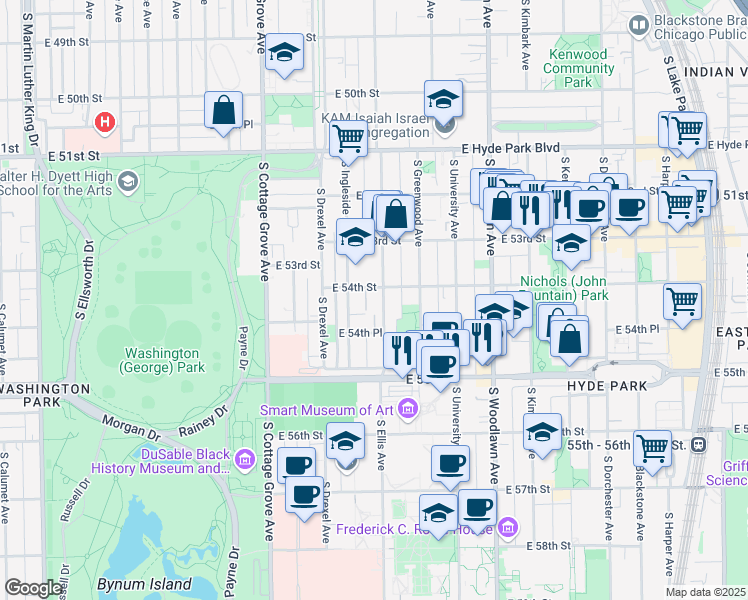 map of restaurants, bars, coffee shops, grocery stores, and more near 5412 South Ellis Avenue in Chicago