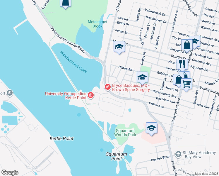 map of restaurants, bars, coffee shops, grocery stores, and more near 764 Veterans Memorial Parkway in East Providence