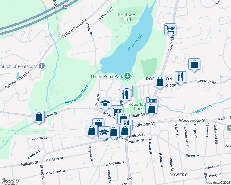 map of restaurants, bars, coffee shops, grocery stores, and more near 70 North School Street in Manchester