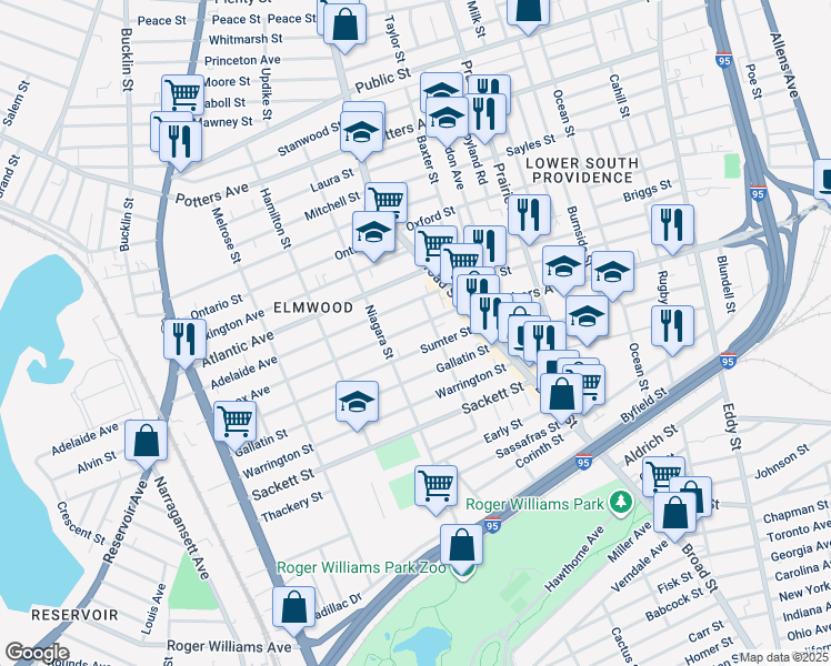 map of restaurants, bars, coffee shops, grocery stores, and more near 48 Lenox Avenue in Providence