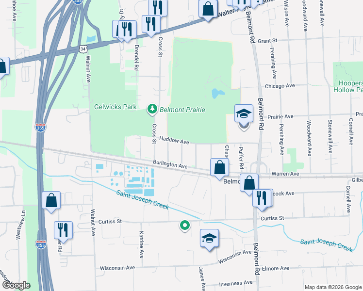 map of restaurants, bars, coffee shops, grocery stores, and more near 2505 Haddow Avenue in Downers Grove